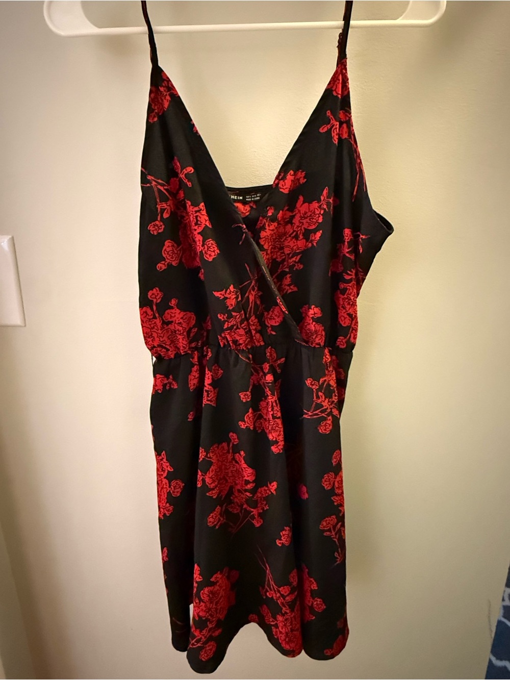 SHEIN Black Slip Mini Dress with Red Floral Print